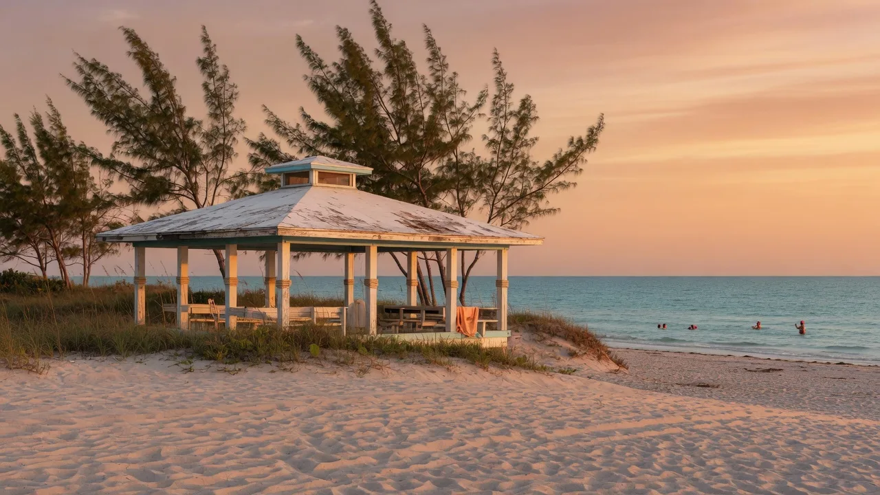 Nokomis Beach at golden hour with a classic weathered white beach pavilion, tall Australian pines, and calm turquoise Gulf water