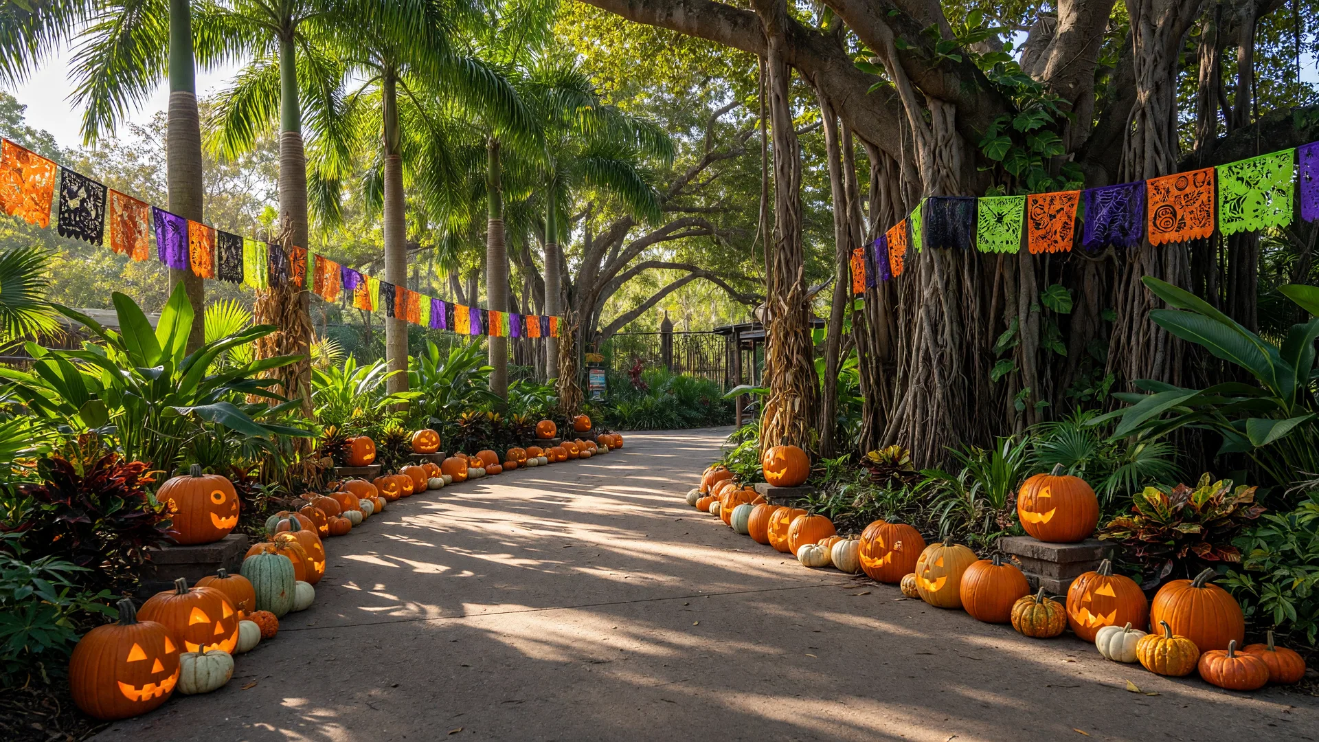 The entrance path of the Naples Zoo decorated for Boo at the Zoo in October with carved pumpkins and fall gourds among palm trees and tropical foliage