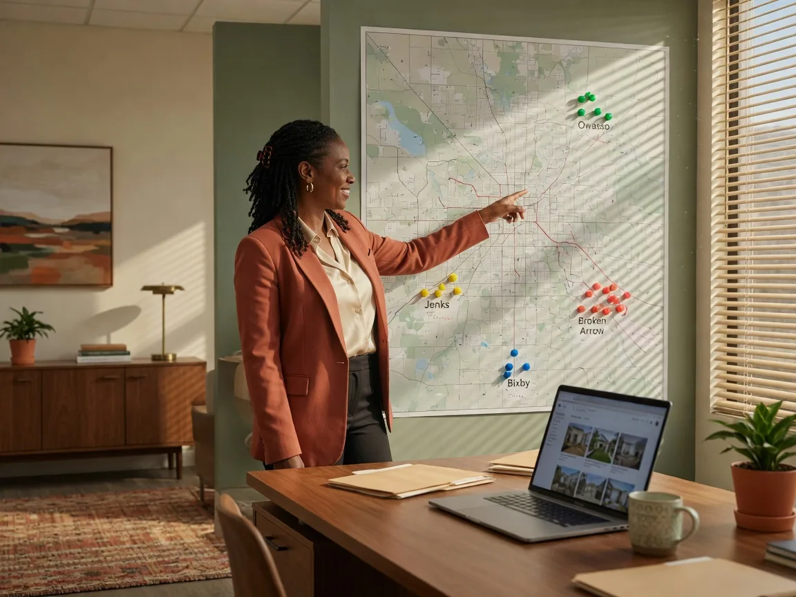 A real estate professional in a modern office pointing at a map of the Tulsa metro area with colored pushpins marking different suburbs