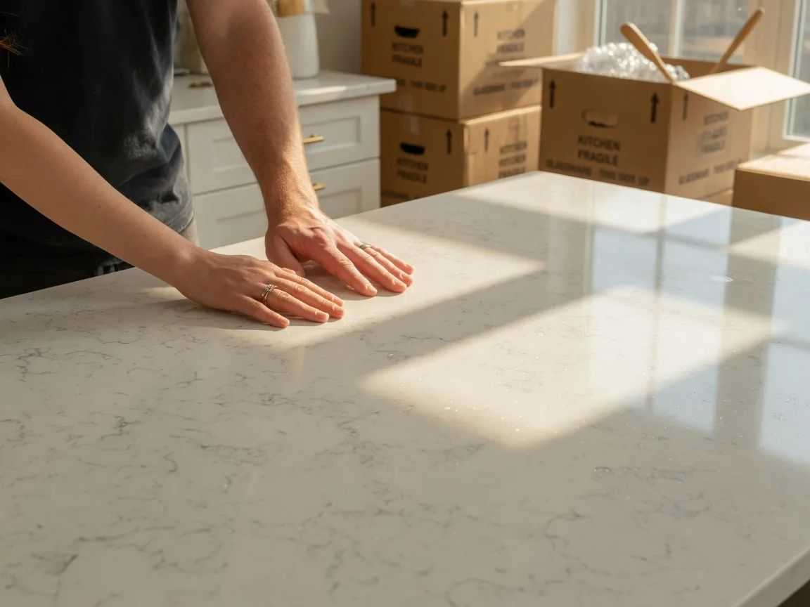 Couple's hands on a white quartz kitchen countertop in a newly finished home with moving boxes in the background