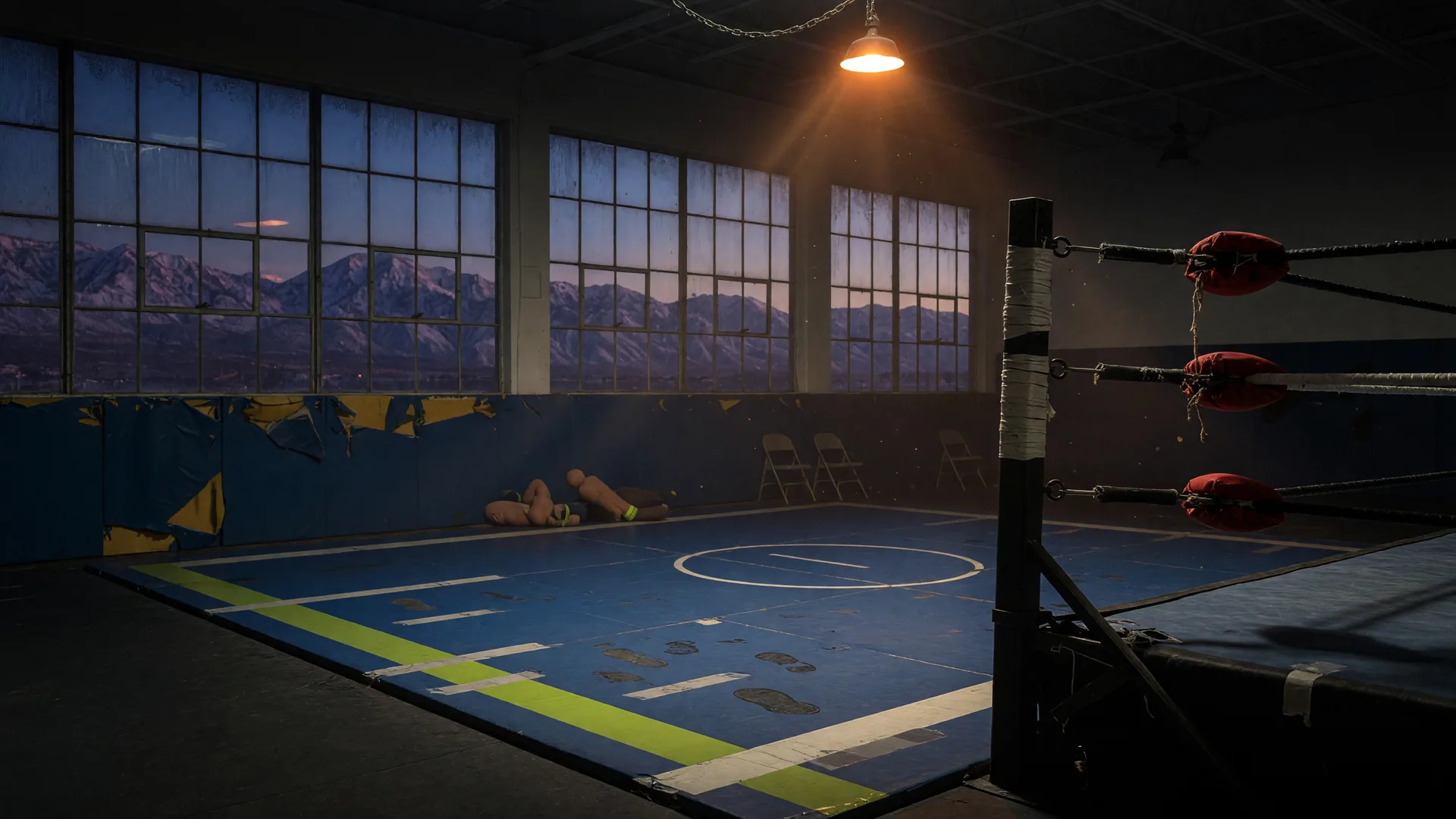 An empty wrestling gym in Utah at dusk, blue mats and a training ring corner in shadow with Wasatch peaks beyond the windows