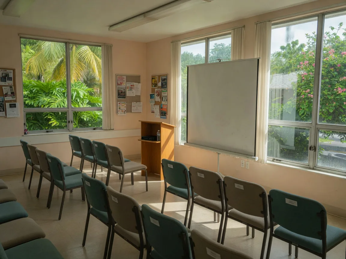 A community meeting room in a South Florida senior center where scam prevention workshops are held.
