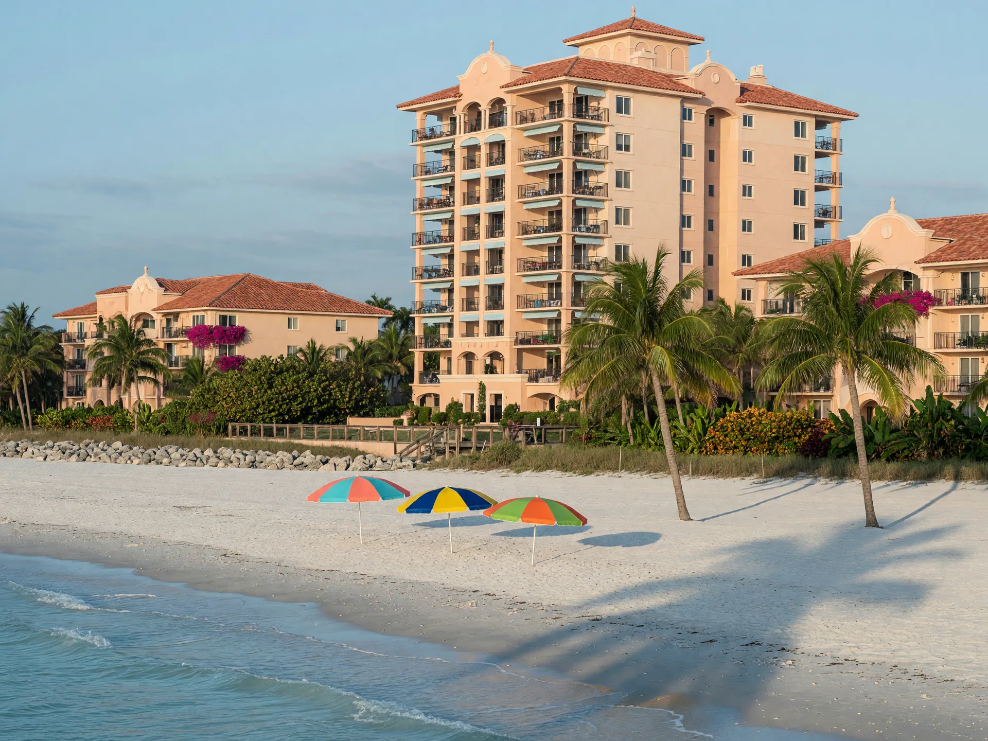 Gulf-front Mediterranean-style condominium tower in Naples, Florida with white sand beach, striped umbrellas, palms, and turquoise water in clear morning light