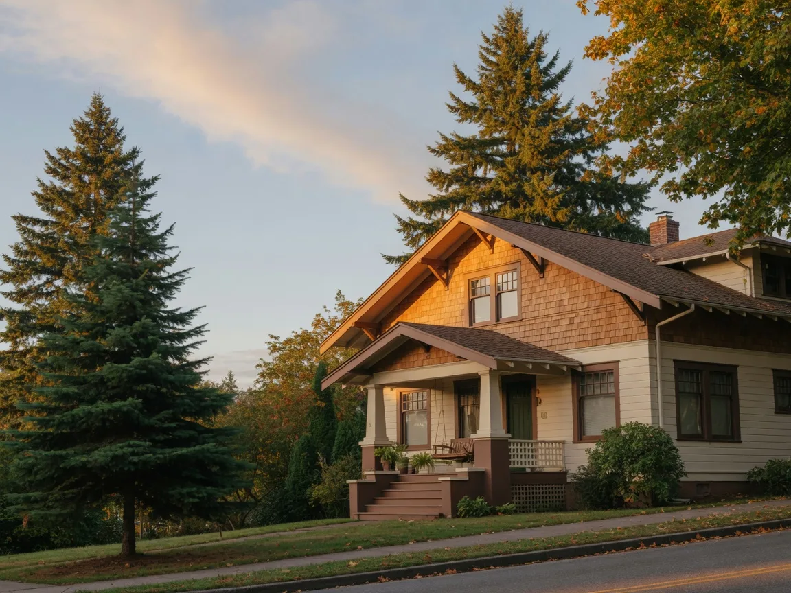 Warm craftsman home in a leafy Snohomish County neighborhood in golden morning light