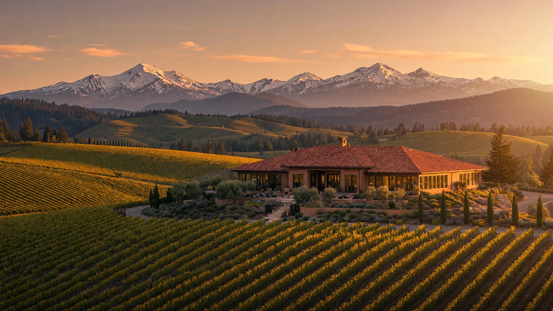Hilltop estate with panoramic Cascade mountain views and vineyard foreground