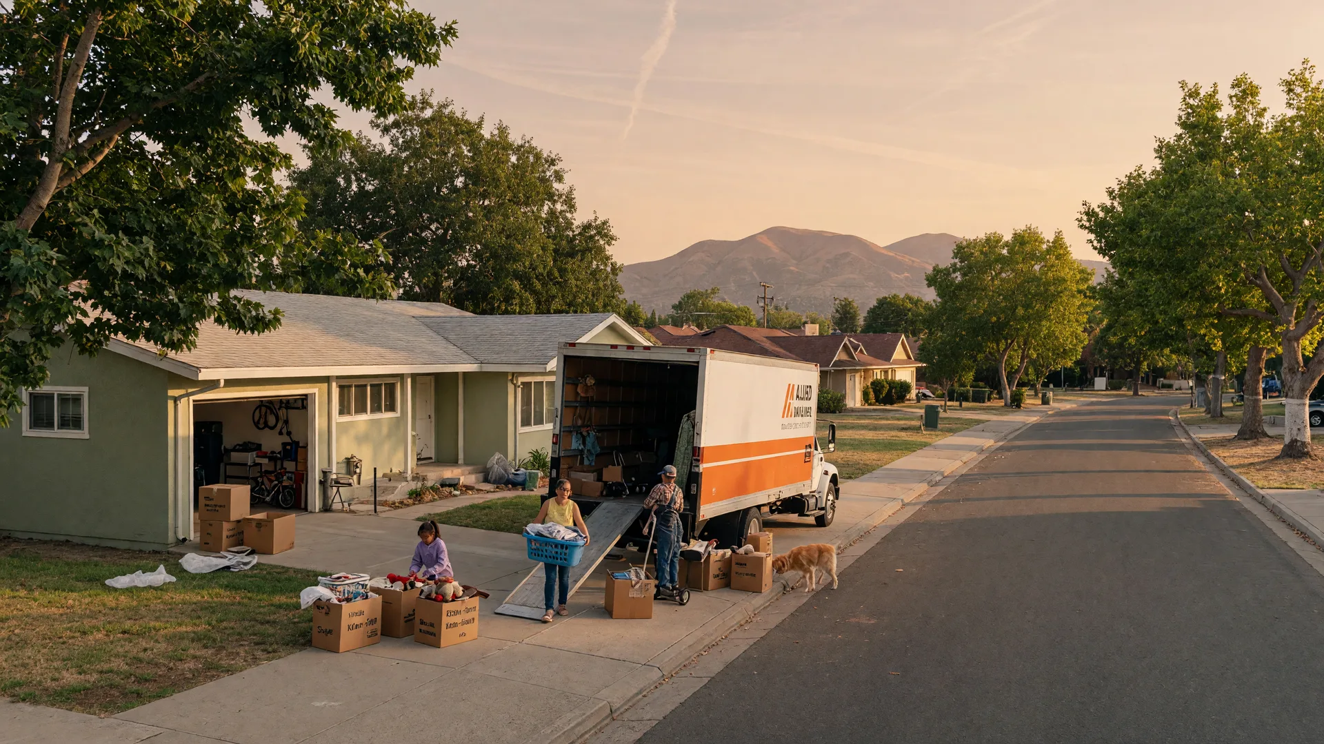 A moving truck in the driveway of a single-story home on a sunny tree-lined Northern California street with packed boxes on the walkway