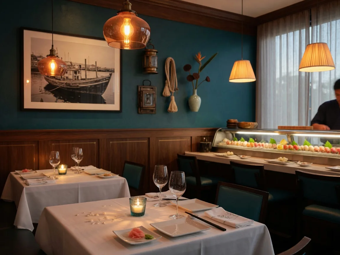 Elegant Pan-Asian seafood restaurant dining room in Naples, Florida with warm pendant lighting and a sushi bar