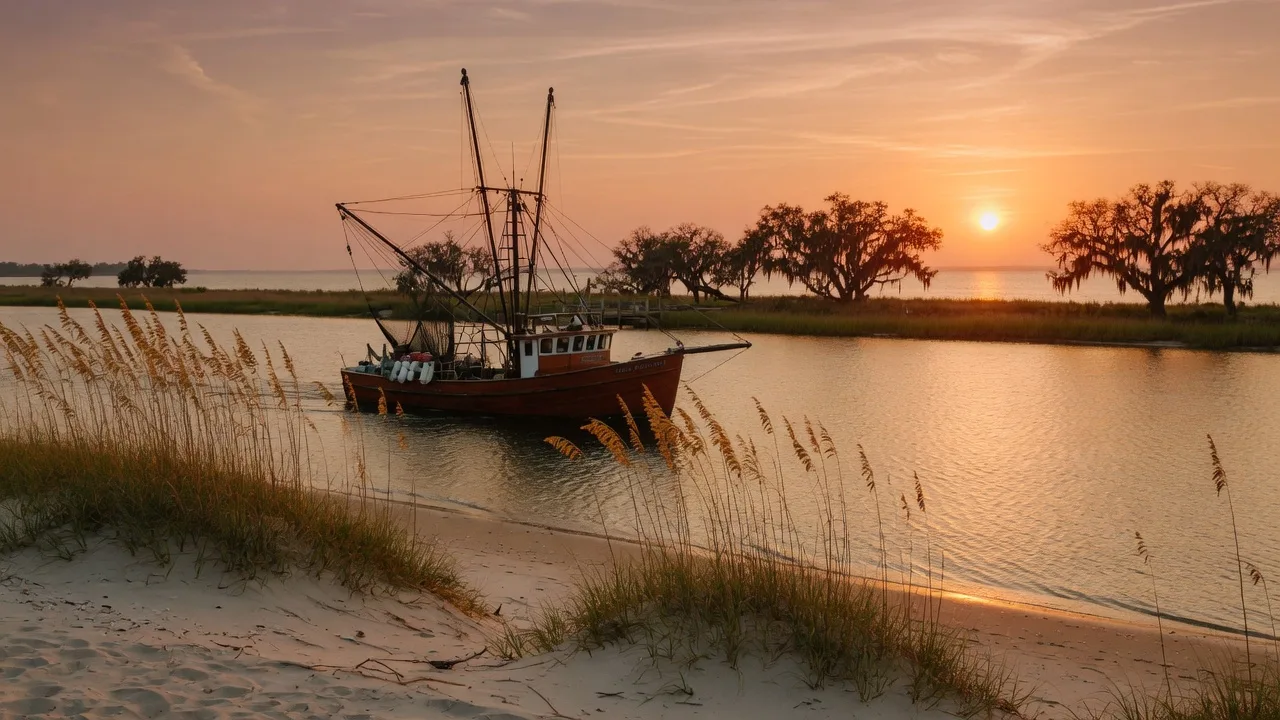 A classic Gulf shrimping boat at golden hour on the Mississippi Sound, with sea oats and dunes in the foreground and live oaks draped in Spanish moss along the shore