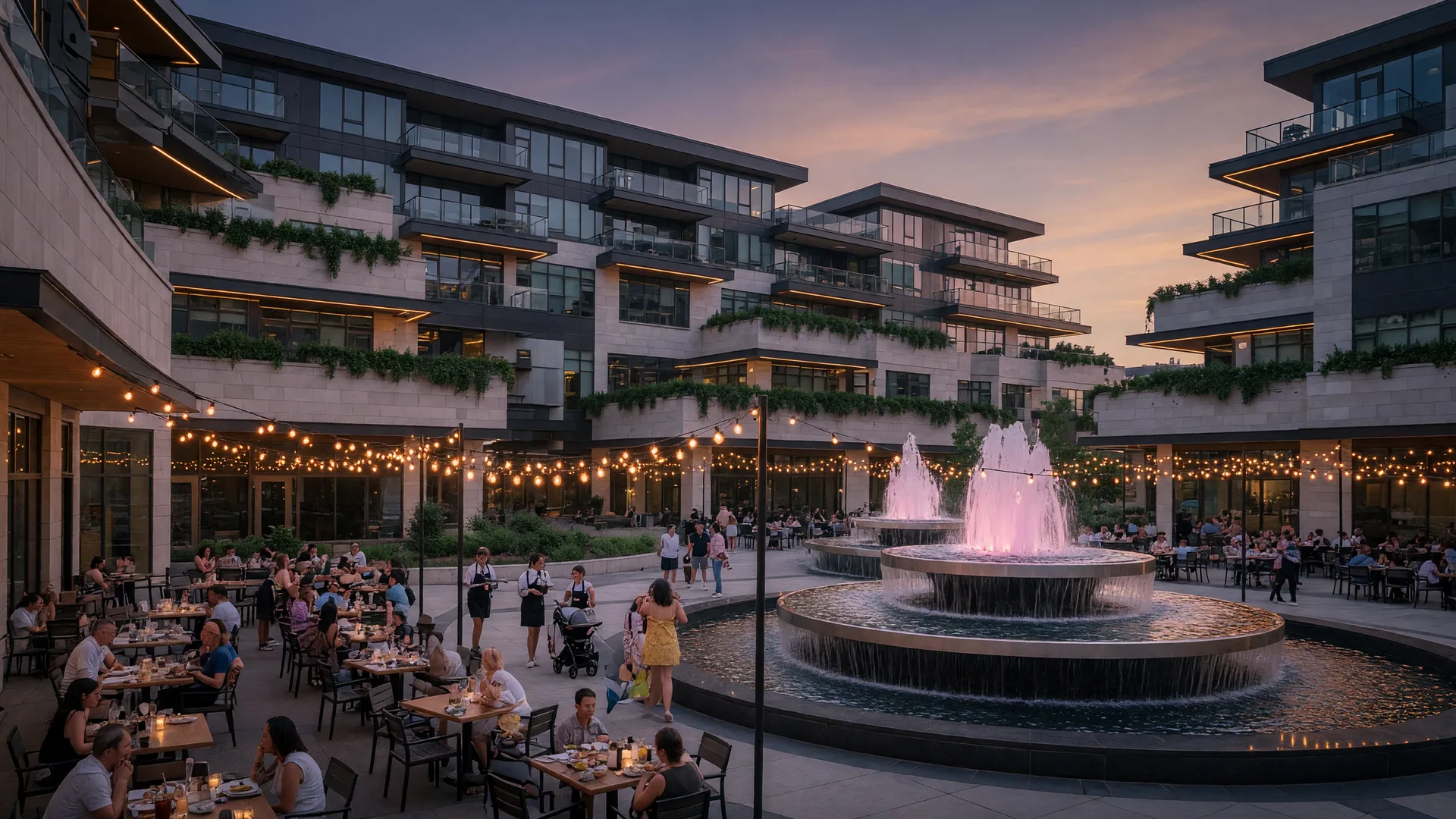 King of Prussia Town Center outdoor plaza with fountains and dining patios