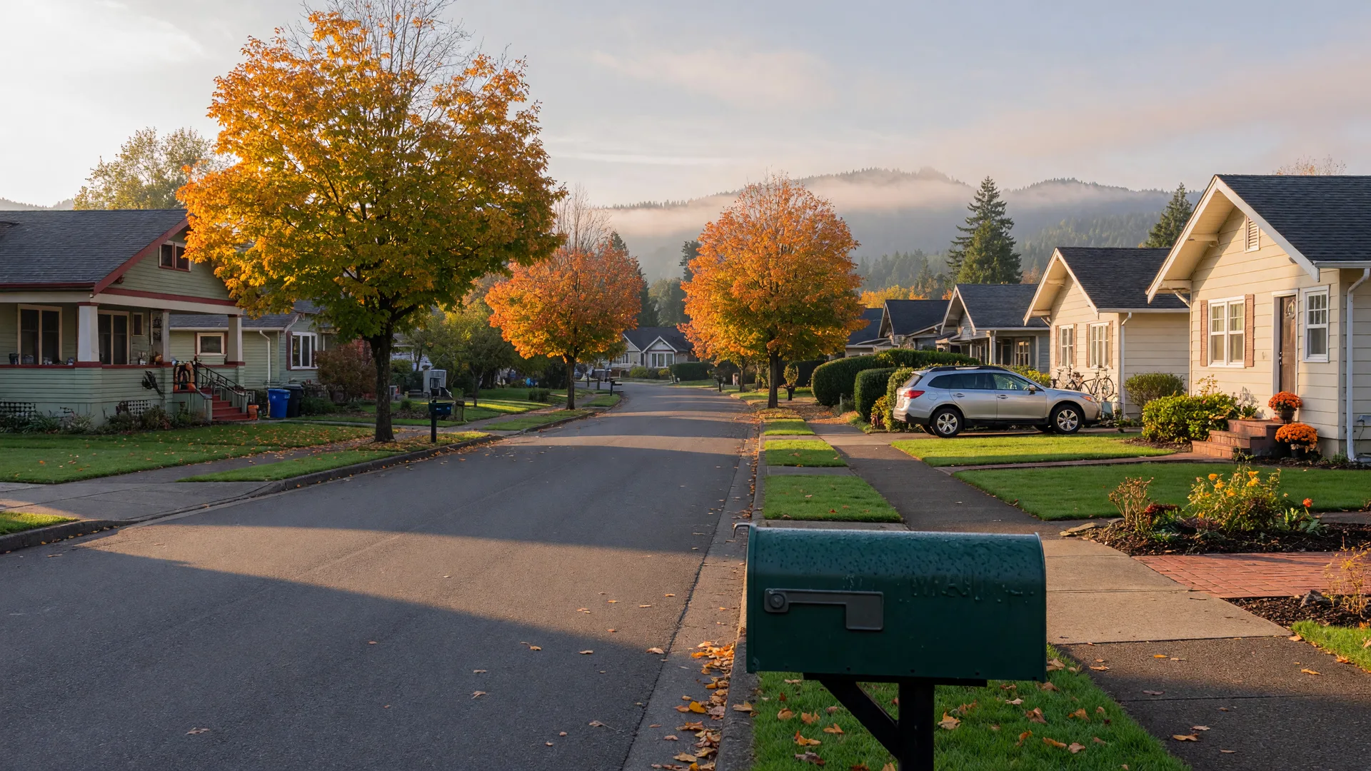 A tidy Pacific Northwest residential street in a Portland suburb on a crisp October morning, maple trees turning gold and amber, low autumn light, a mailbox at the curb
