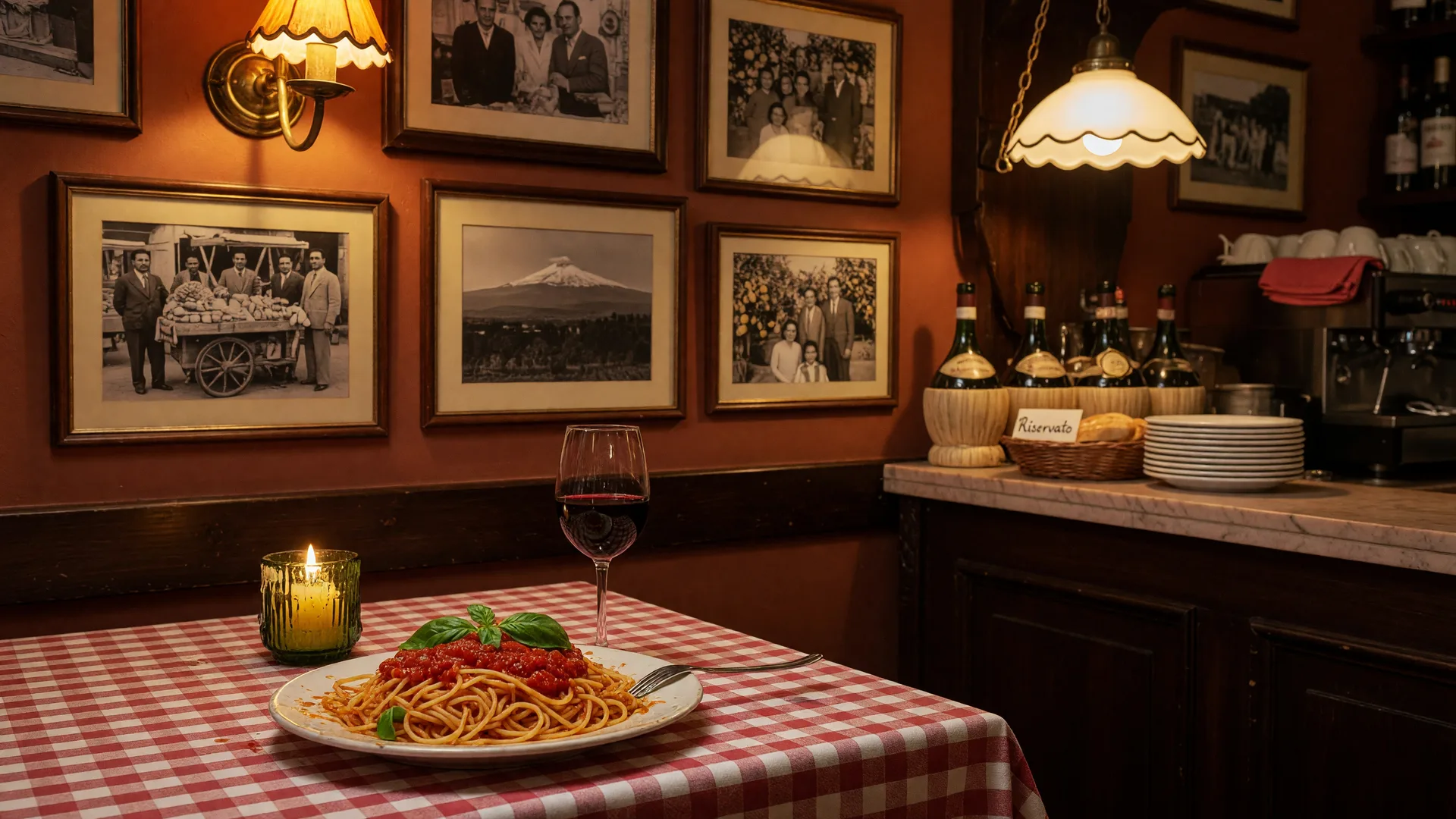 A cozy Sicilian-Italian restaurant table with red-and-white checkered cloth, spaghetti, red wine, and a candle