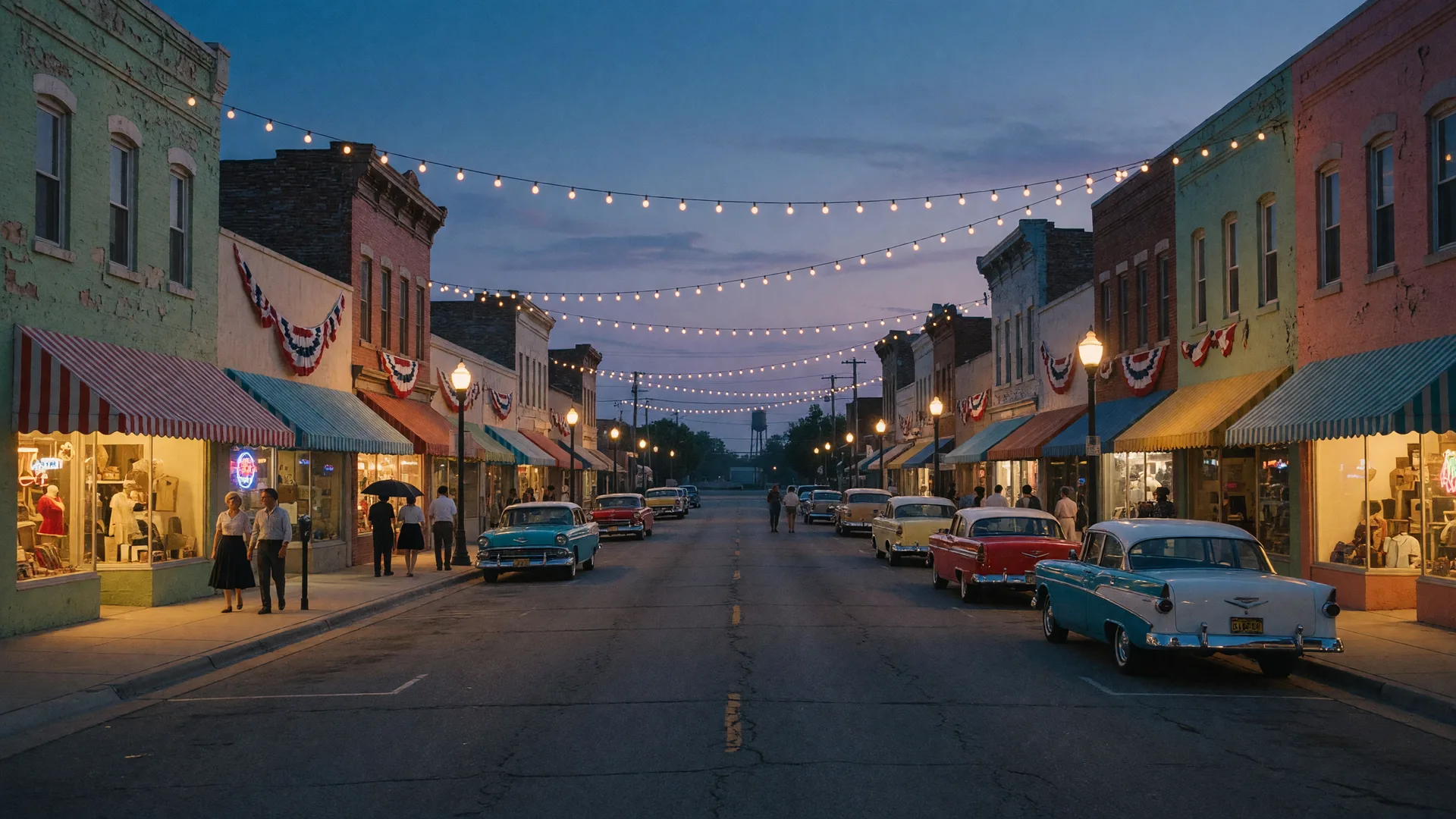 A historic Route 66 main street at blue hour with glowing vintage storefronts and classic cars parked down the street