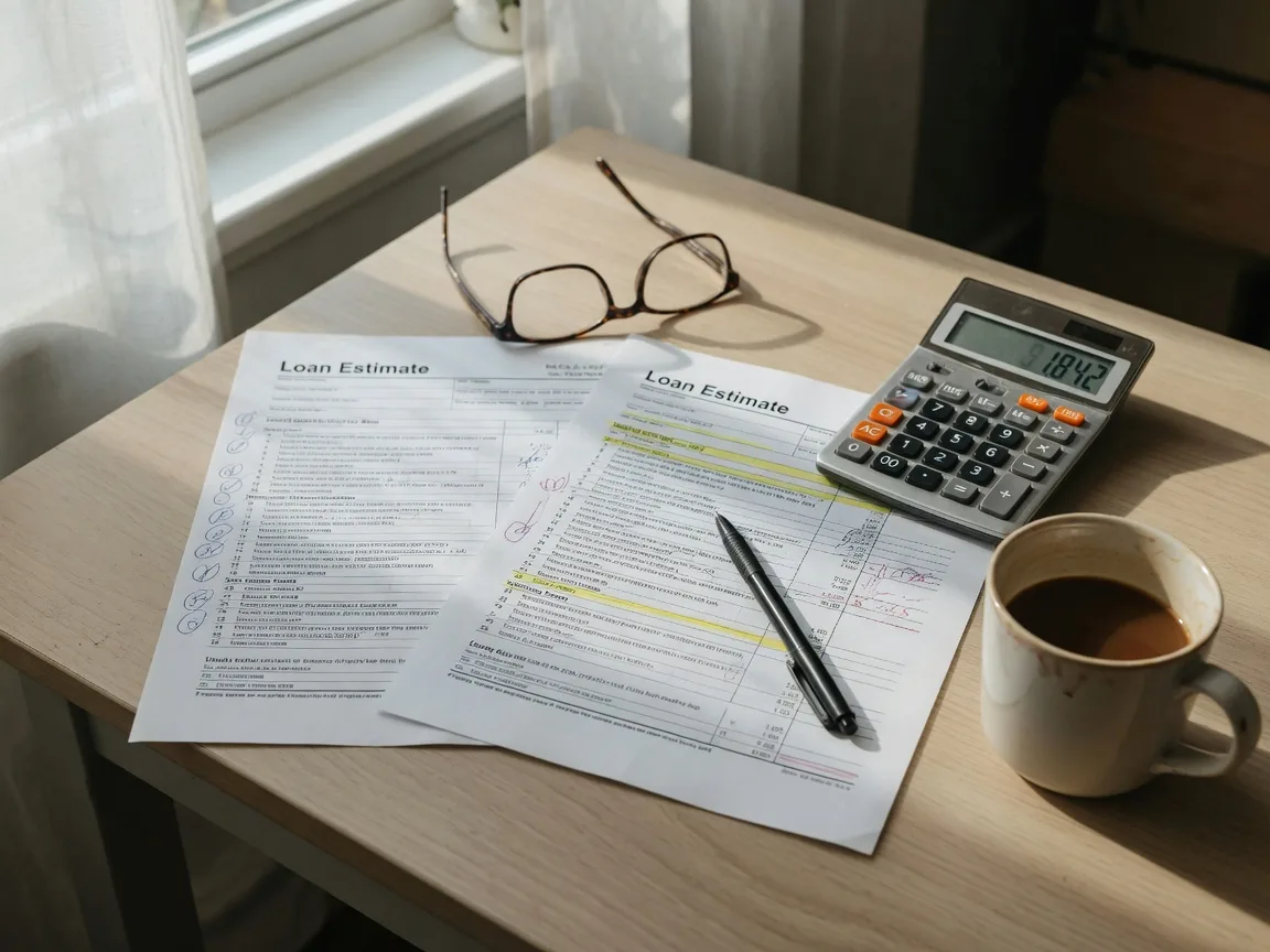 Two loan estimate documents side by side on a desk with a calculator, pen, and a cup of coffee