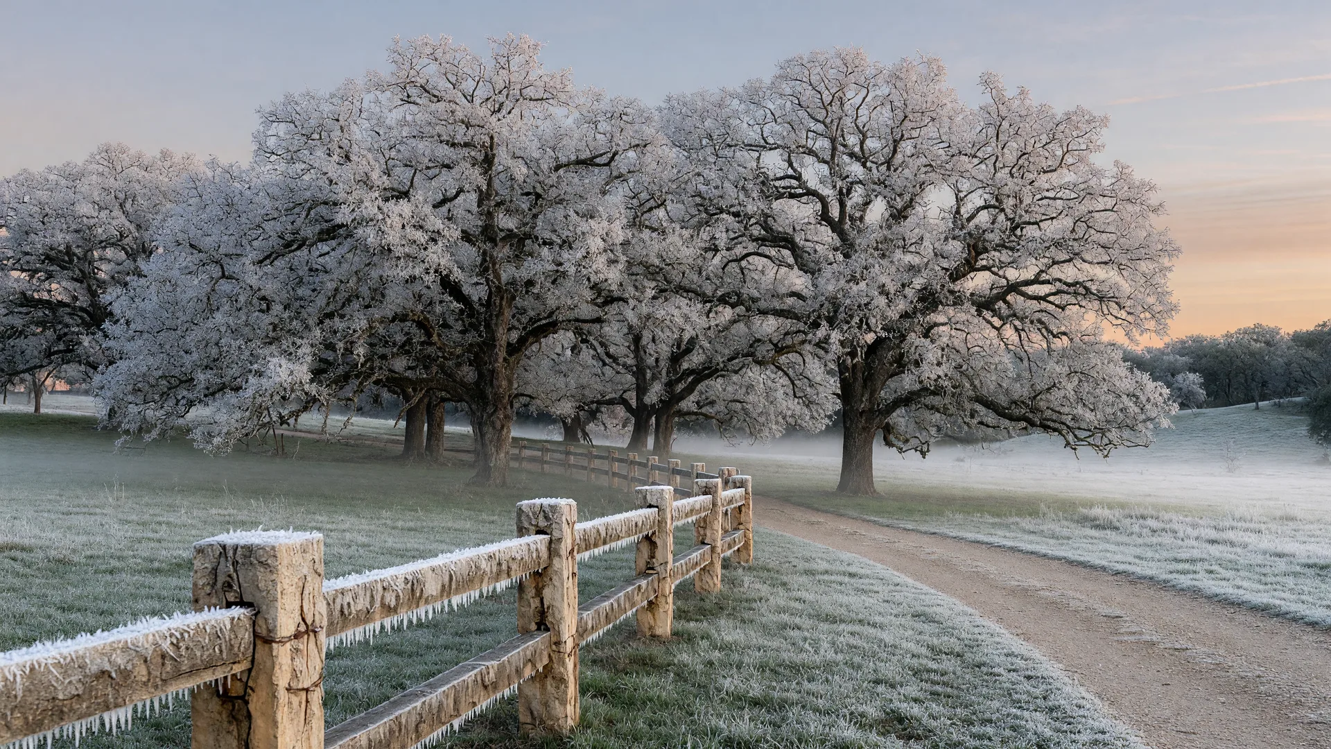 Frost-coated live oak trees along a limestone fence line at dawn, with a ranch lane through a frozen Hill Country pasture