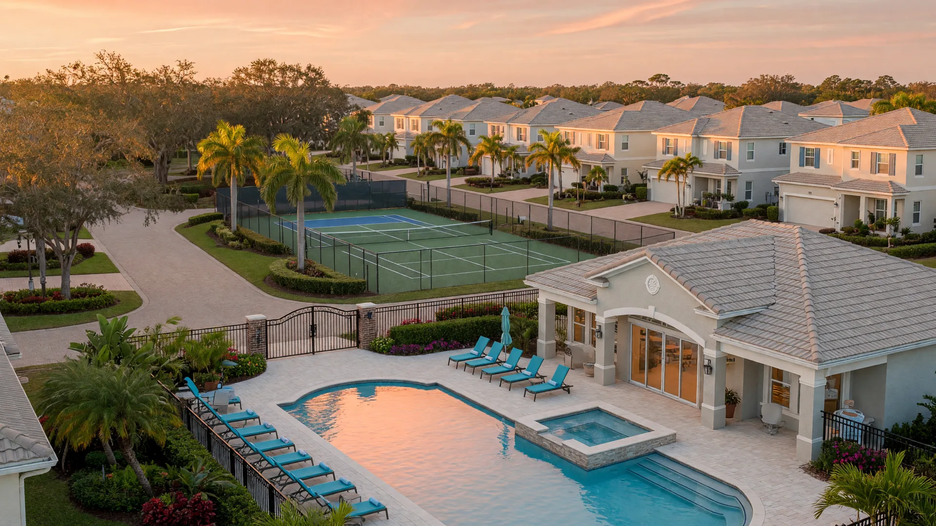 An elegant gated 55-plus active adult community in Lakewood Ranch at golden hour, with a stucco clubhouse, resort pool, pickleball courts, and single-story homes along paver driveways