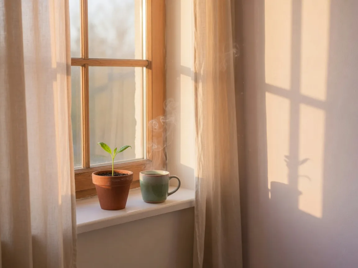 Sunrise light through a kitchen window with a young green sprout in a terracotta pot and a mug of coffee