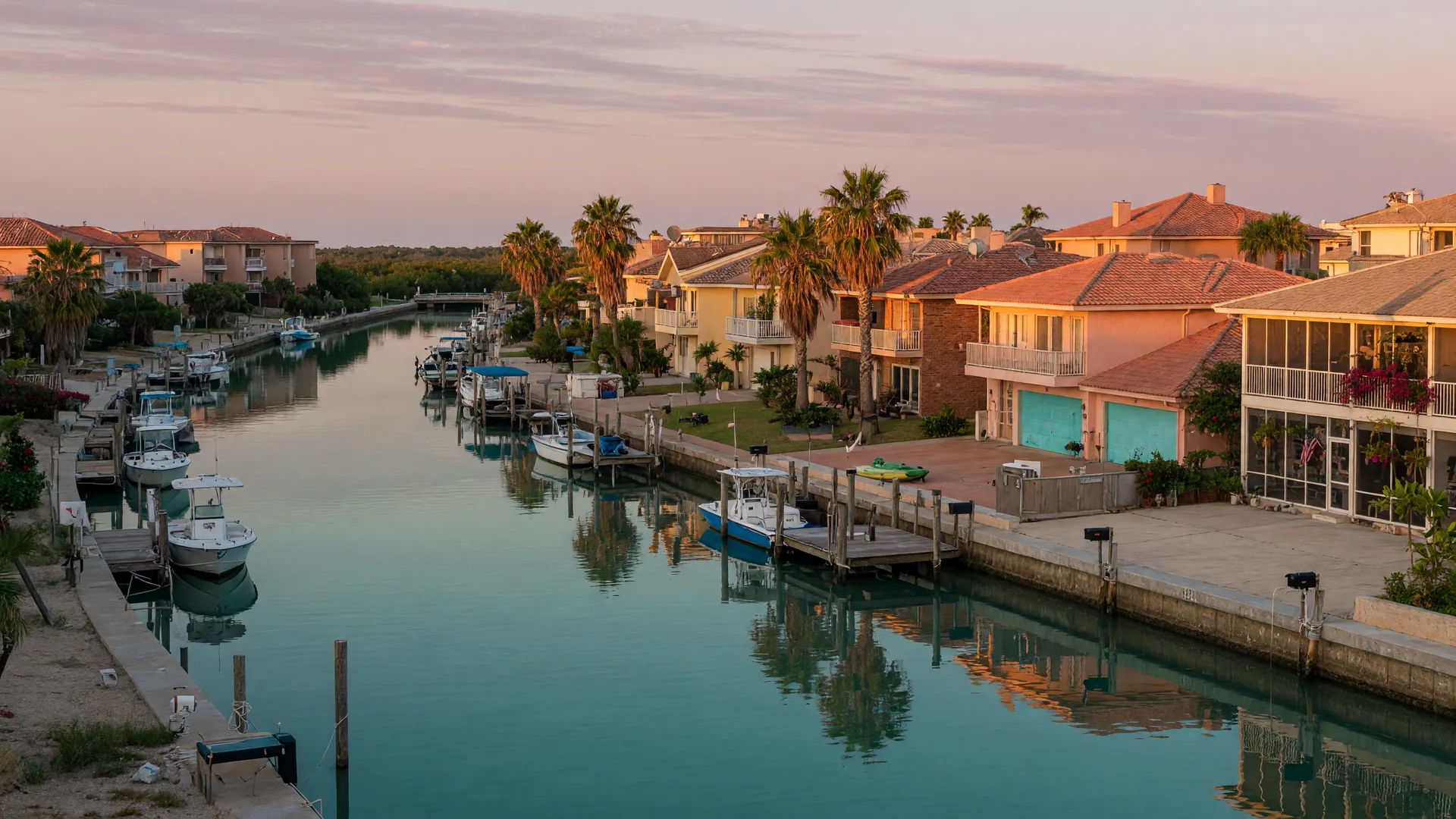 Canal-front homes with private docks on North Padre Island at golden hour