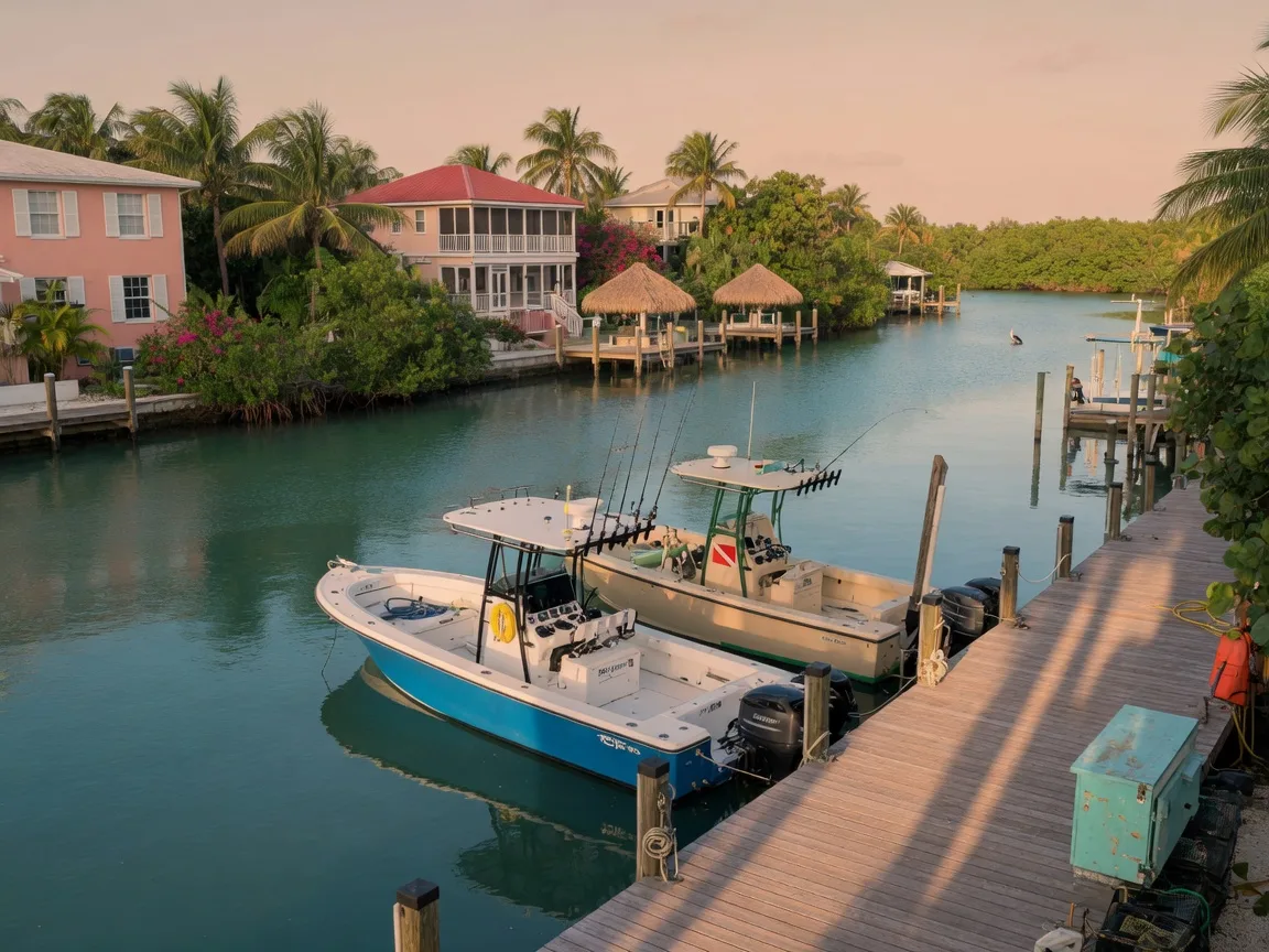 Two center-console fishing boats tied at a private dock in a quiet Tavernier canal lined with luxury homes and tropical vegetation, late afternoon light on calm turquoise water