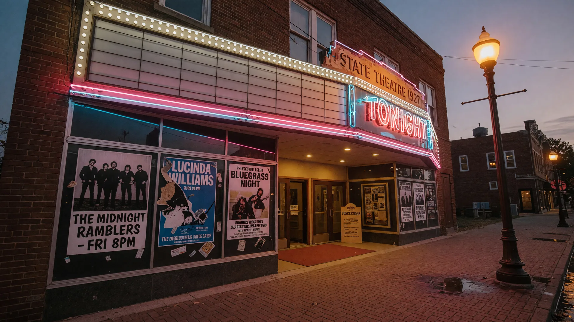 A historic small-town theater marquee lit up at dusk with concert posters in the window and vintage street lamps