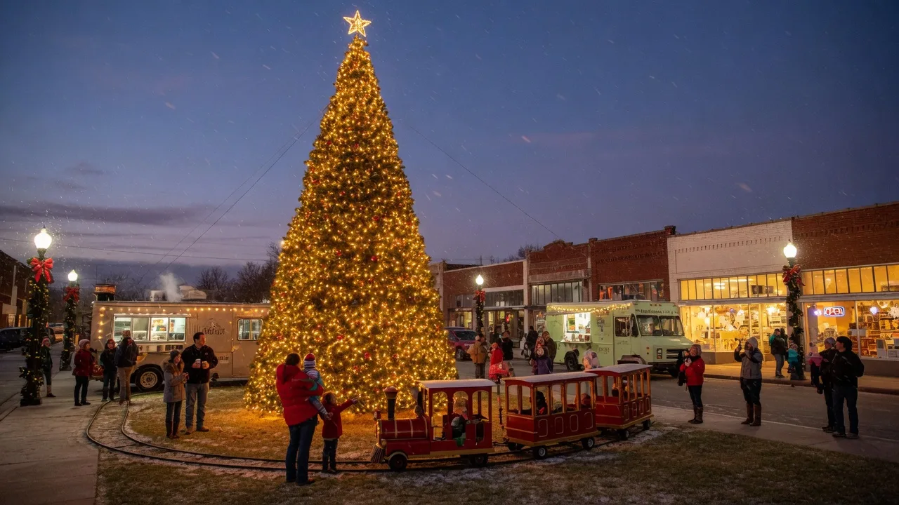 Owasso's Redbud Festival Park holiday lighting ceremony at twilight with a tall glowing Christmas tree, a red holiday train, and families gathered near food trucks