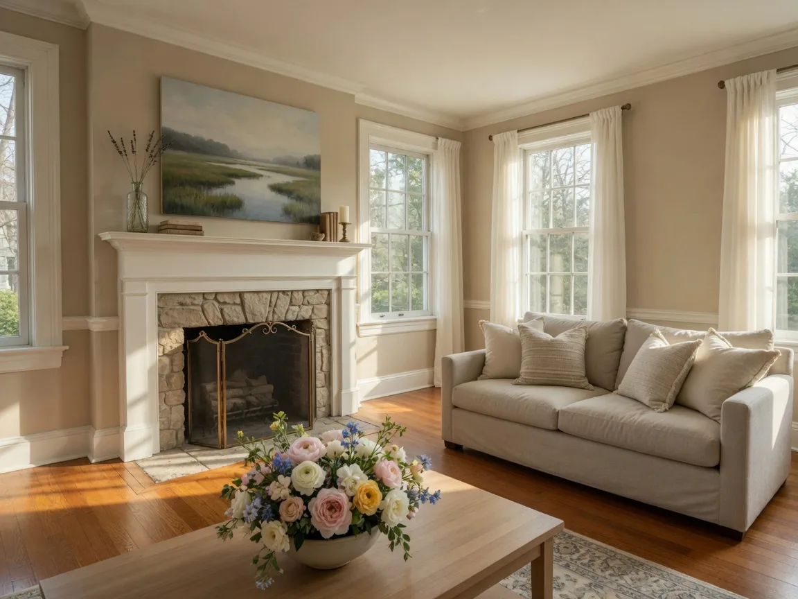 A bright, freshly staged colonial living room with neutral walls, a stone fireplace, hardwood floors, and warm afternoon light