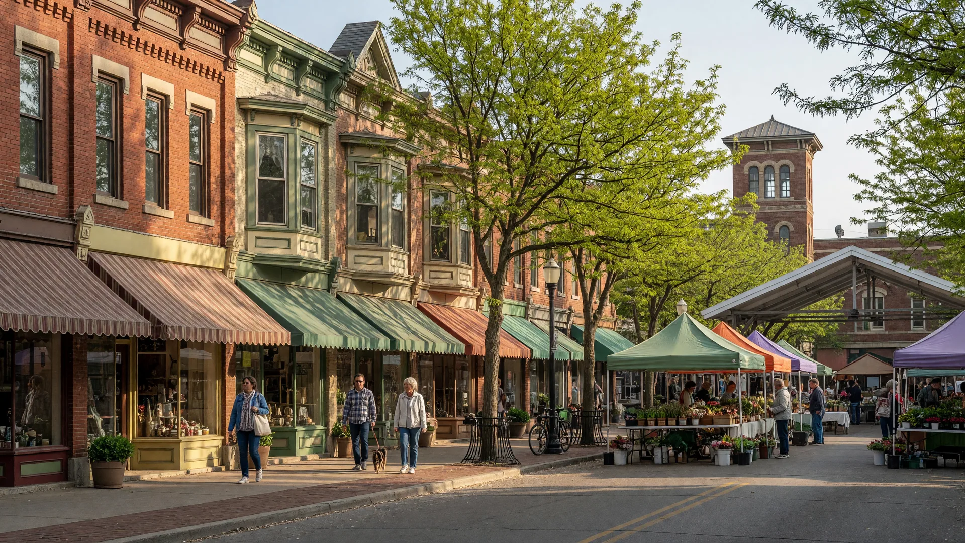 Victorian-era storefronts and homes along a tree-lined street in the Kerrytown district of Ann Arbor