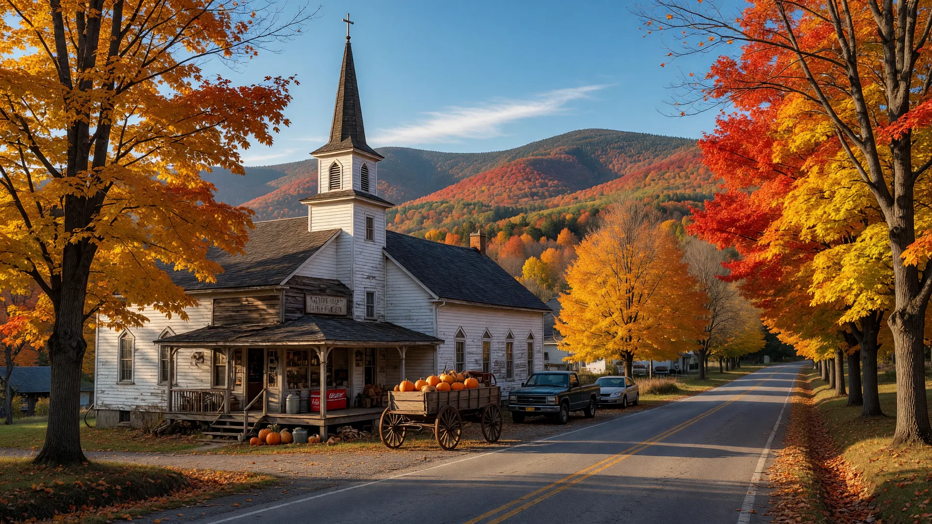 A crisp mid-October scene of a rural Lehigh County crossroads village at peak fall color, with a white clapboard church, a country general store, sugar maples in full gold and orange, and the Blue Mountain ridge on the horizon