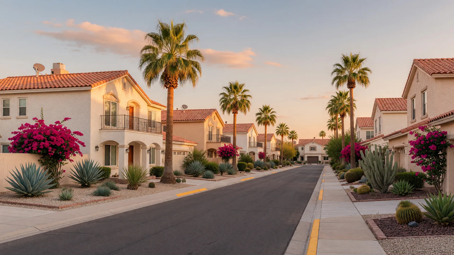 A quiet palm-lined street in west Phoenix at golden hour