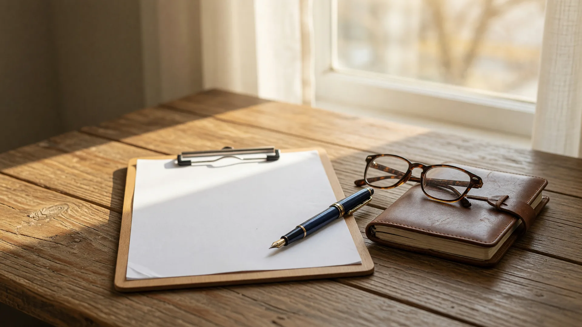 A clipboard, pen, reading glasses, and notebook on a desk beside a bright window