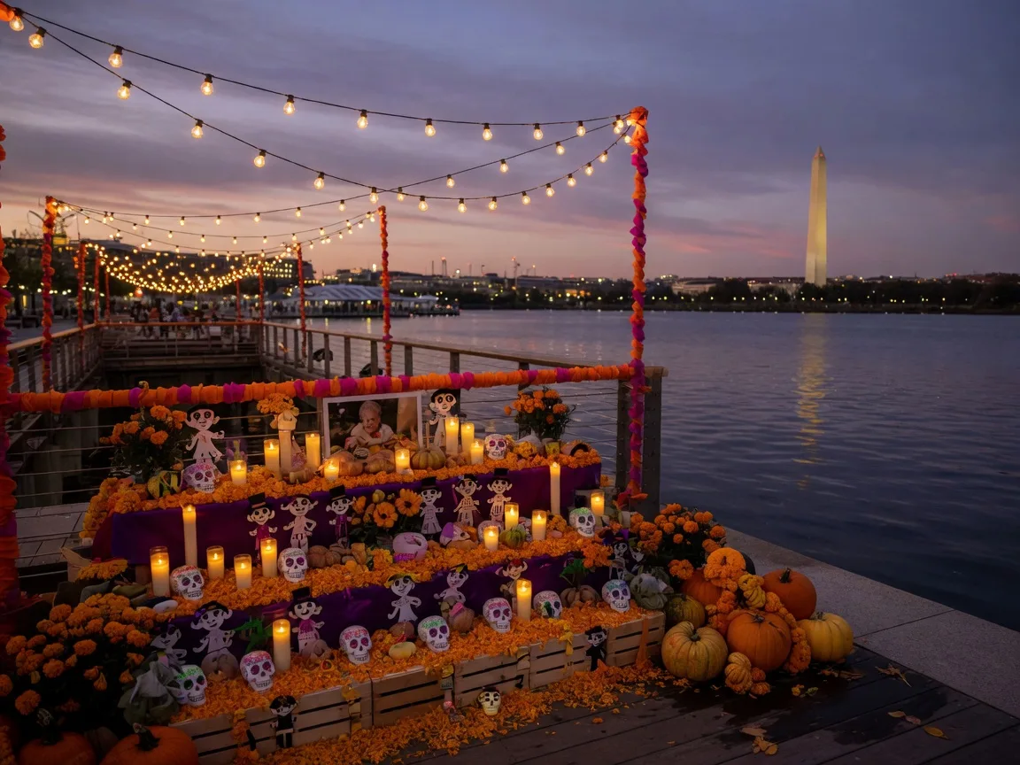 Día de los Muertos ofrenda altar on District Pier at The Wharf in Washington DC at dusk, marigolds, candles, paper calaveras and sugar skulls under warm string lights, the Potomac River and the Washington Monument behind