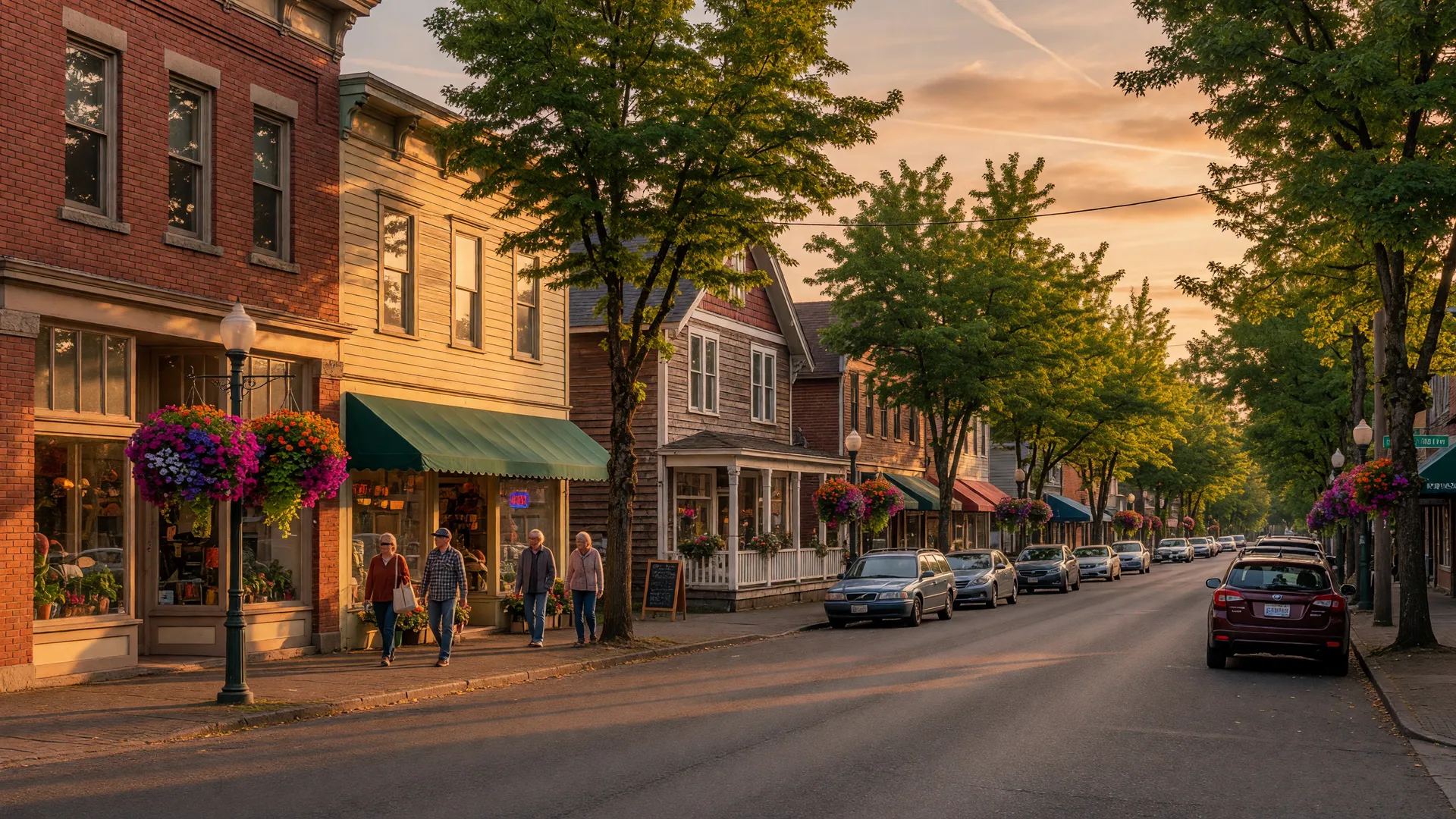 Brick and wood storefronts with hanging flower baskets along SW Capitol Highway in Multnomah Village at golden hour