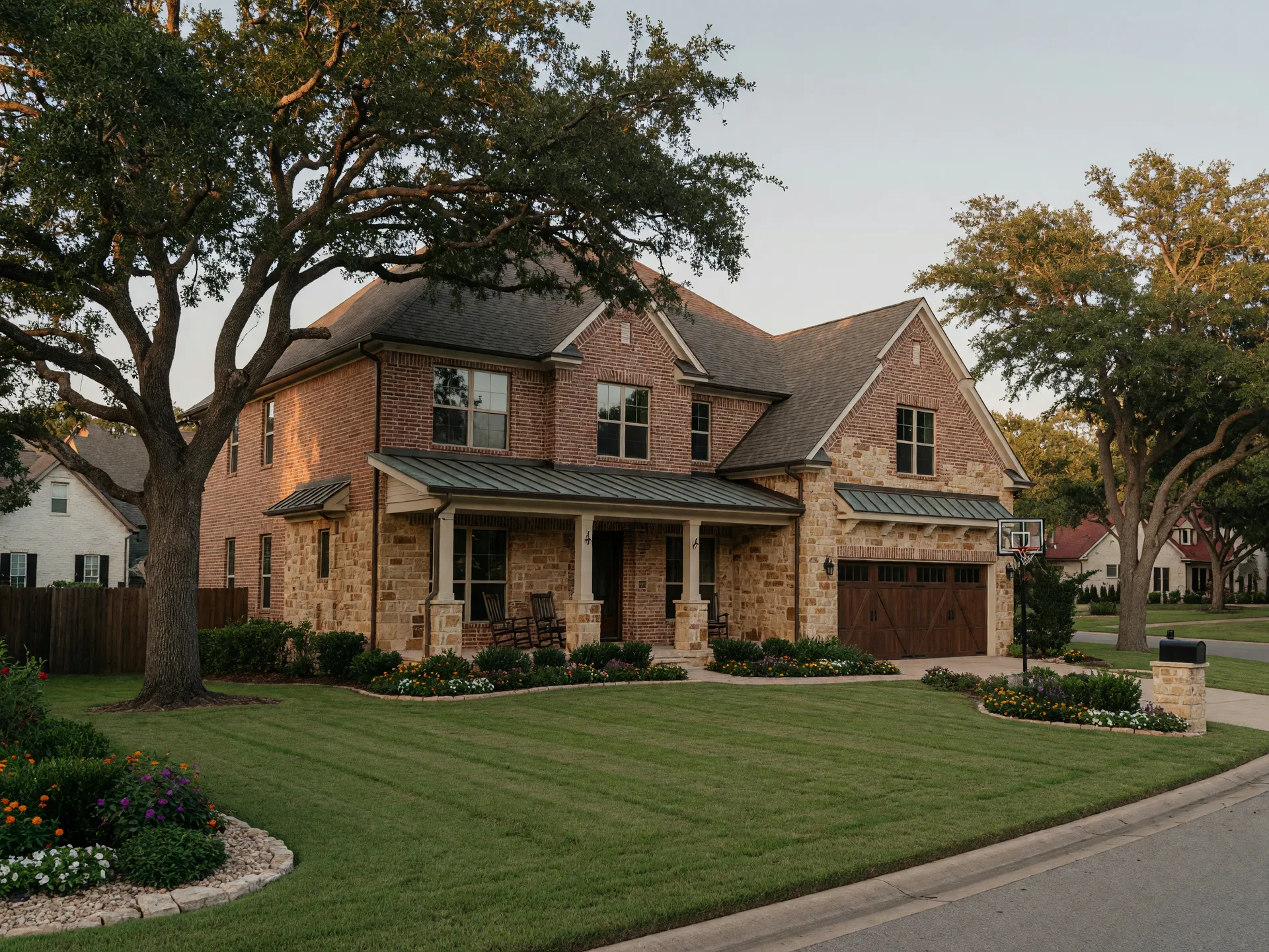 Large custom stone and brick home on a tree-lined lot in Lake Forest, Round Rock Texas