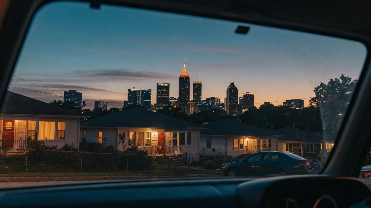 Atlanta skyline at twilight viewed through a car windshield on a residential street with warm amber light