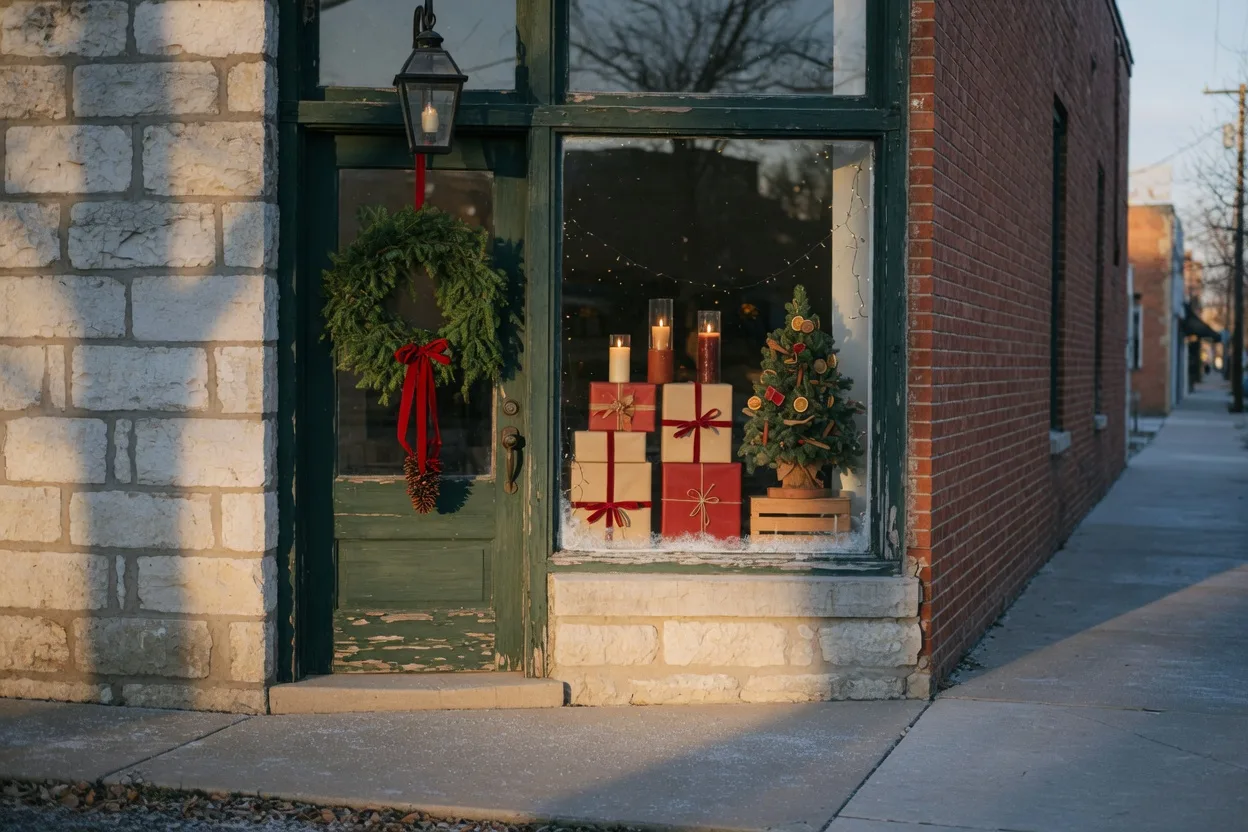 Small-town Texas boutique decorated for Christmas with a wreath and gift display in the window