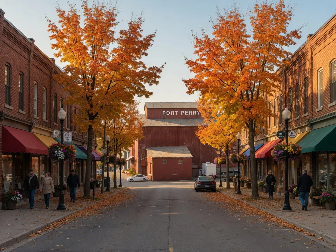 Historic heritage brick storefronts along Queen Street in downtown Port Perry on a crisp late October morning, with the red mill tower in the distance and sugar maples in full autumn colour