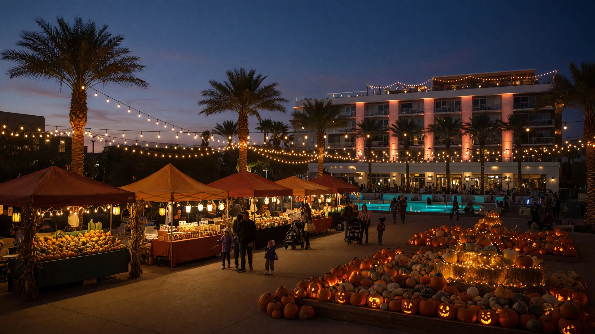 Autumn harvest festival at an outdoor plaza in Southwest Las Vegas at dusk, with market stalls, string lights between palm trees, and a glowing pumpkin patch