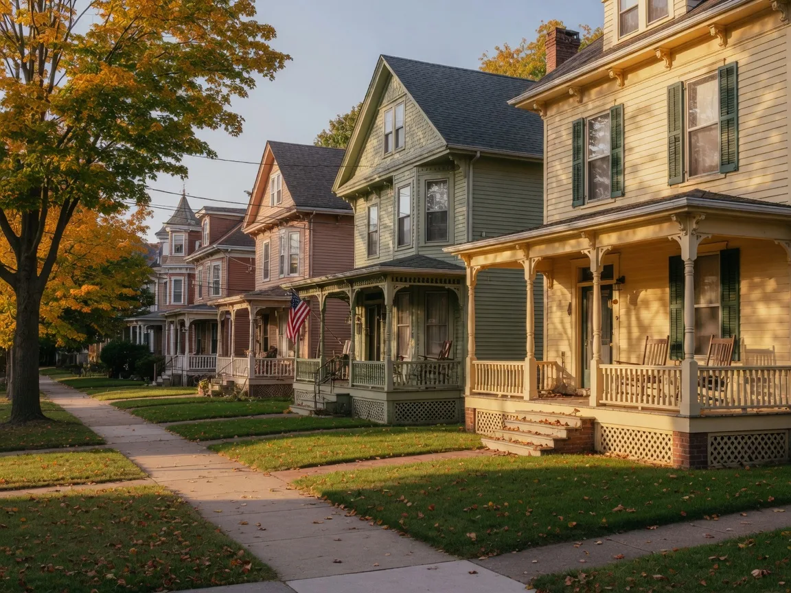 Historic early-1900s summer cottages with deep front porches along Townsend Avenue in the Morris Cove Historic District of New Haven
