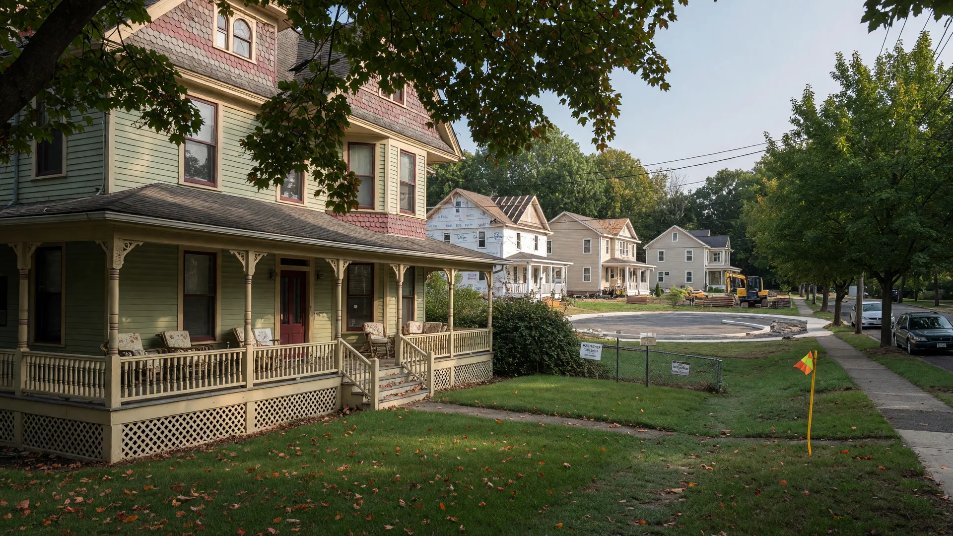 A preserved 19th-century Victorian house with a wrap-around porch on a leafy Montclair street, next to a sloping lot where a new cul-de-sac of single-family homes is proposed