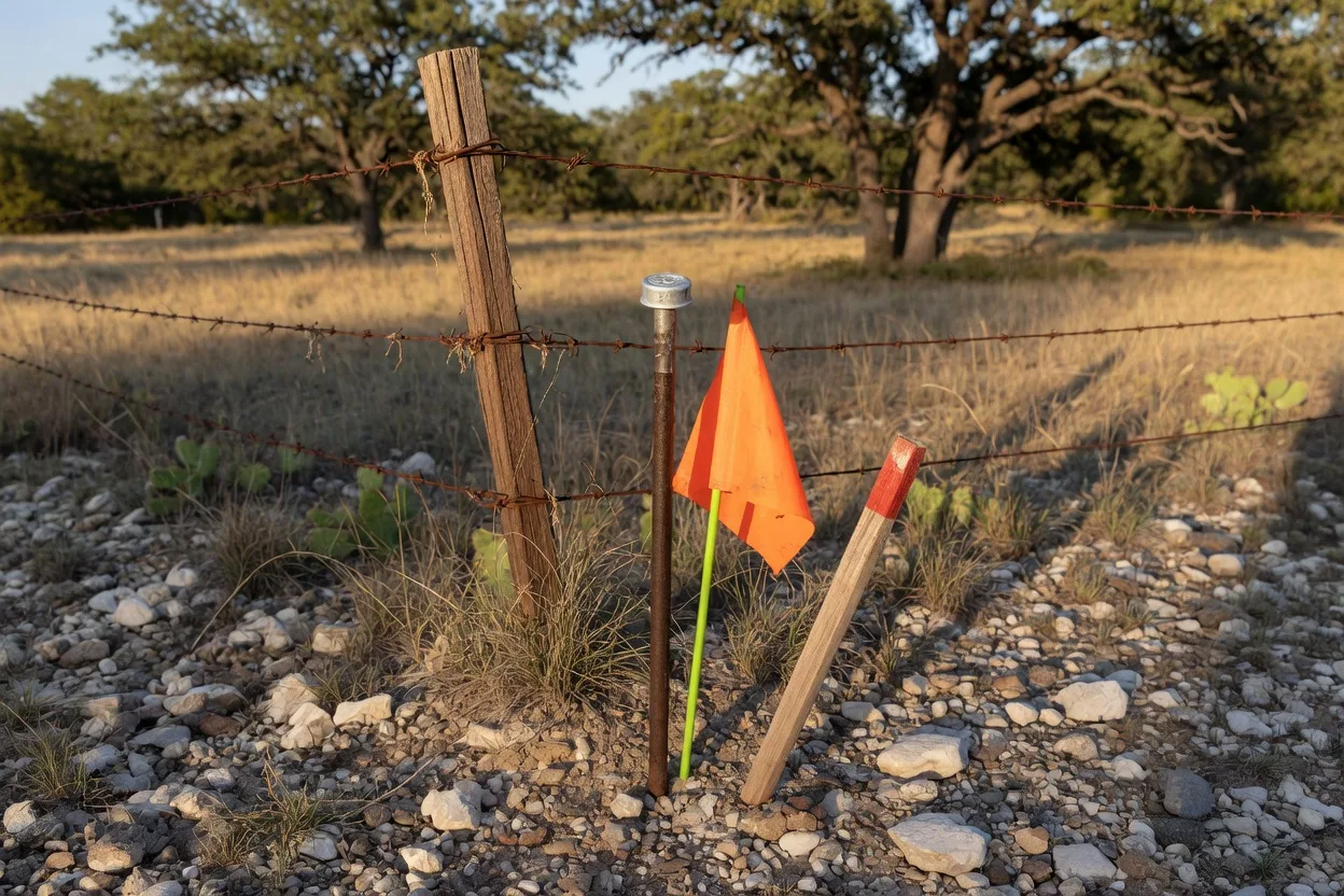 Surveyor's iron pin with orange flag marking a property corner beside a barbed-wire fence on limestone soil