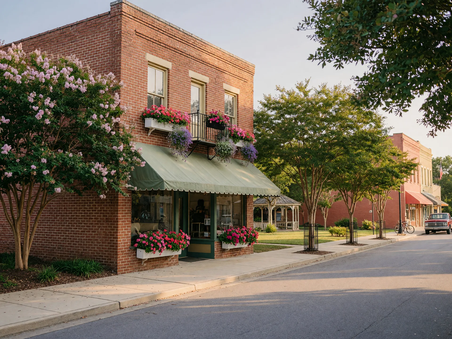 A restored early-1900s brick storefront on a quiet Georgia small-town square, the setting for Fergusson's on the Square in Hoschton