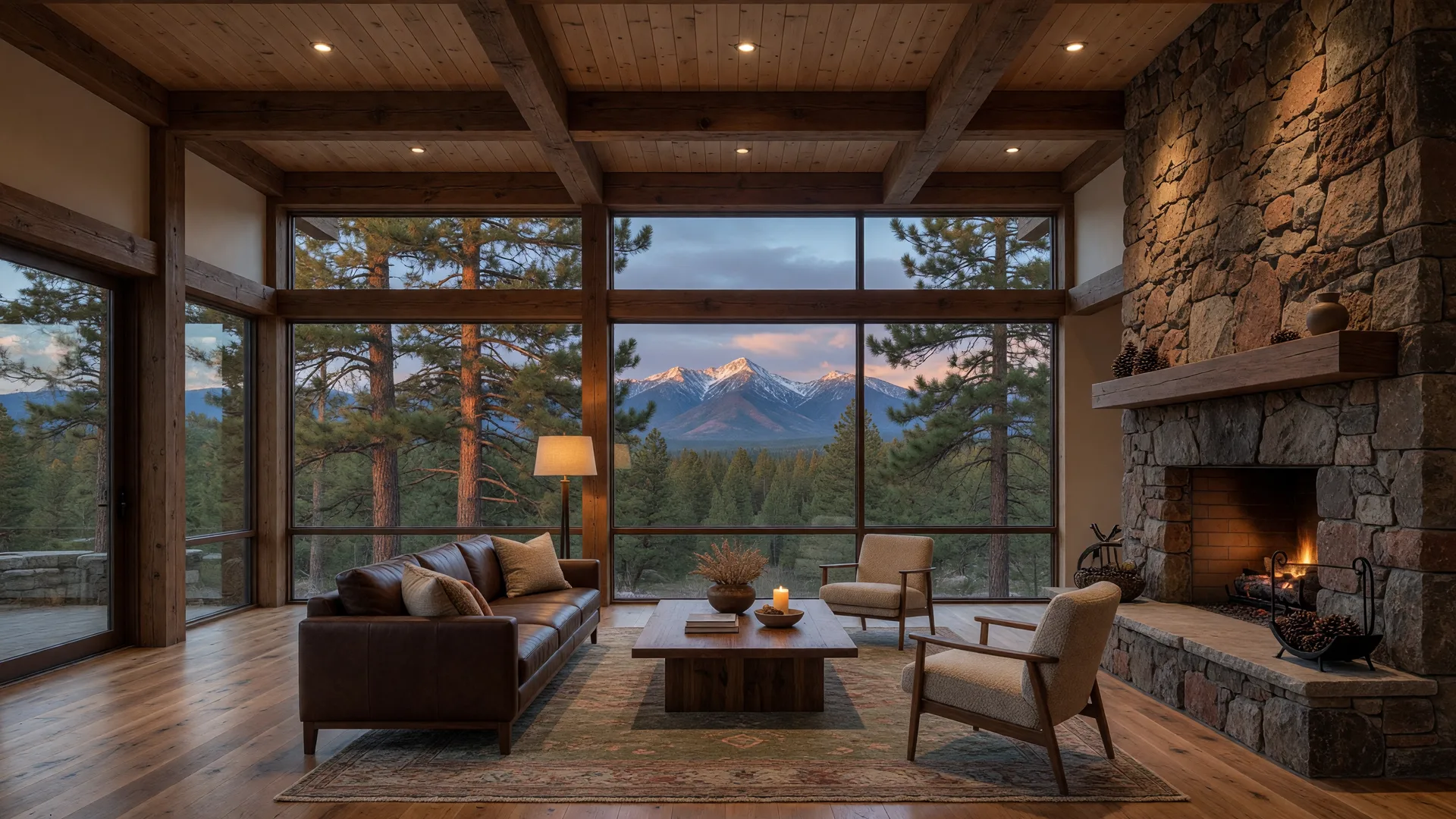 Concept rendering of a great room with timber ceilings and floor-to-ceiling glass looking out to the Peaks