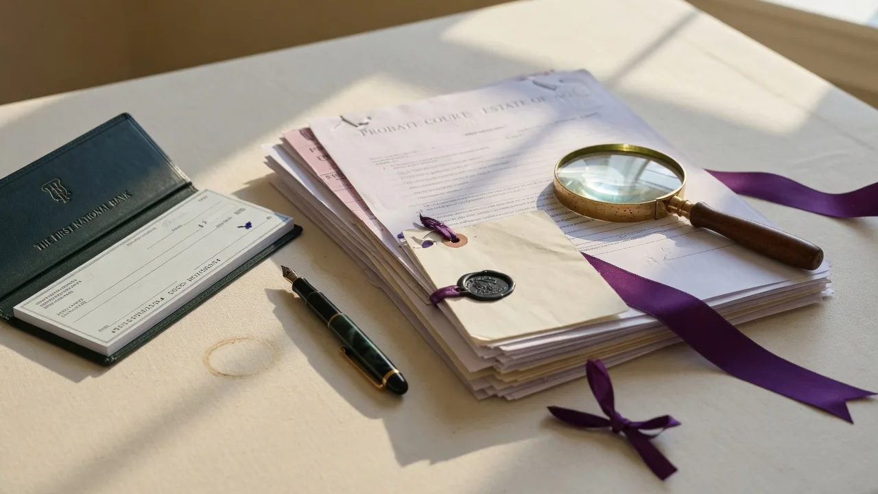 An estate ledger, probate filing documents, and a magnifying glass on a desk, representing the costs of probate in Maryland