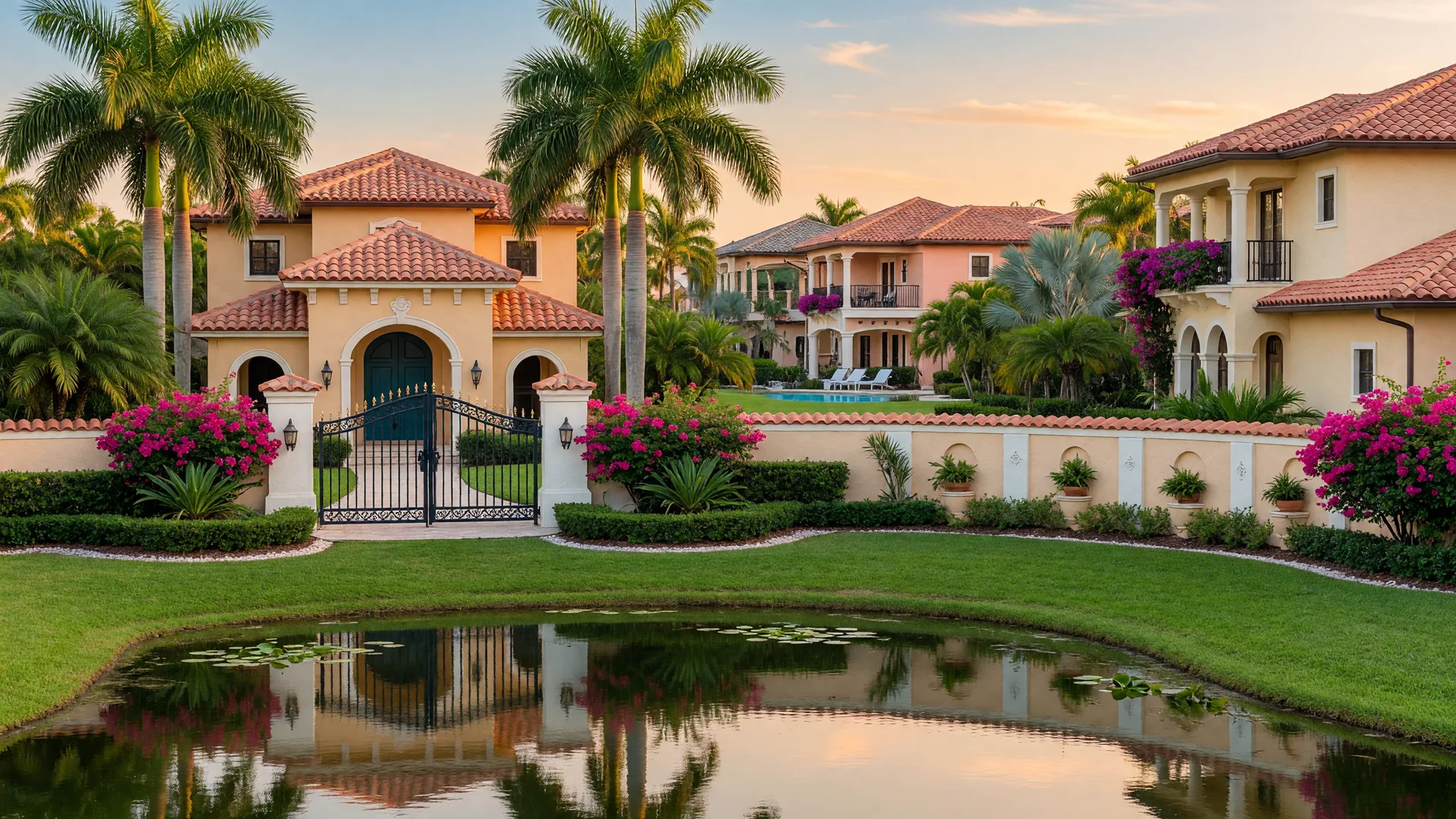 Beautiful gated villa community entrance in Palm Beach Gardens with tropical landscaping and tranquil pond.