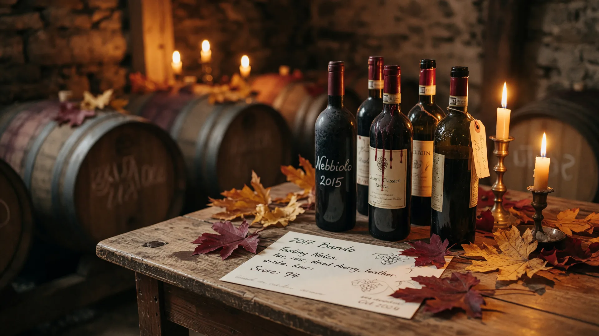 Curated red wine bottles on a rustic table with autumn leaves and candlelight