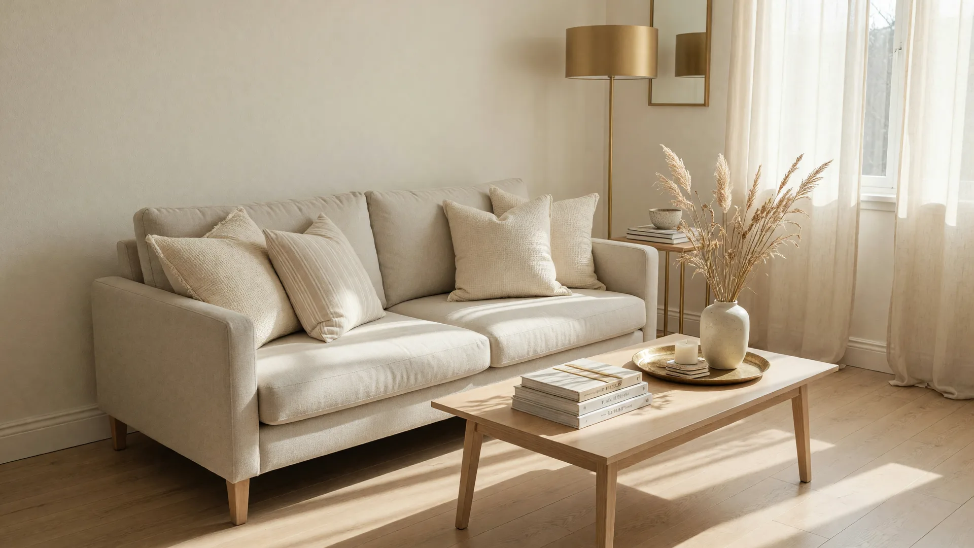 A bright, freshly staged living room ready for the market: a neutral linen sofa with cream and oat pillows, a styled coffee table with books and a ceramic vase, and sheer curtains open to warm morning light