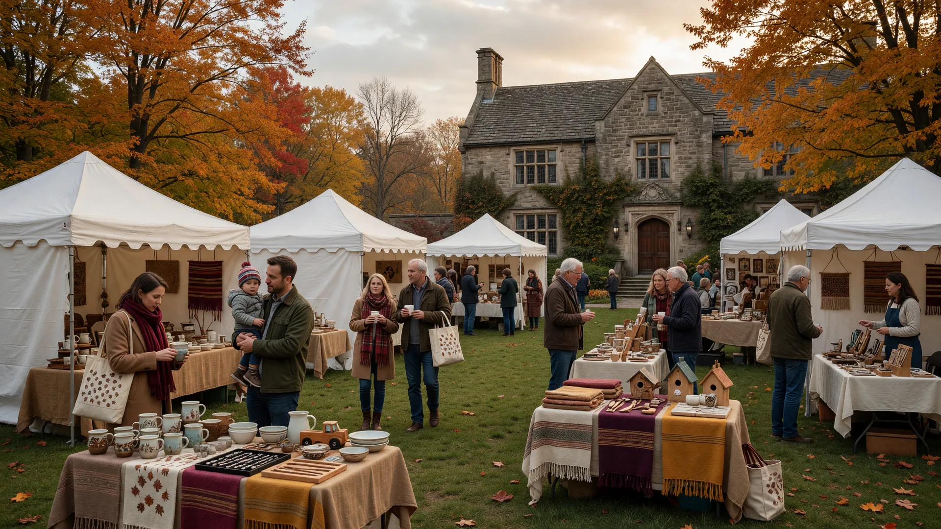 An outdoor holiday craft fair on the front lawn of a historic stone manor house, with white vendor tents, fall foliage, and visitors browsing handcrafted gifts under soft autumn daylight