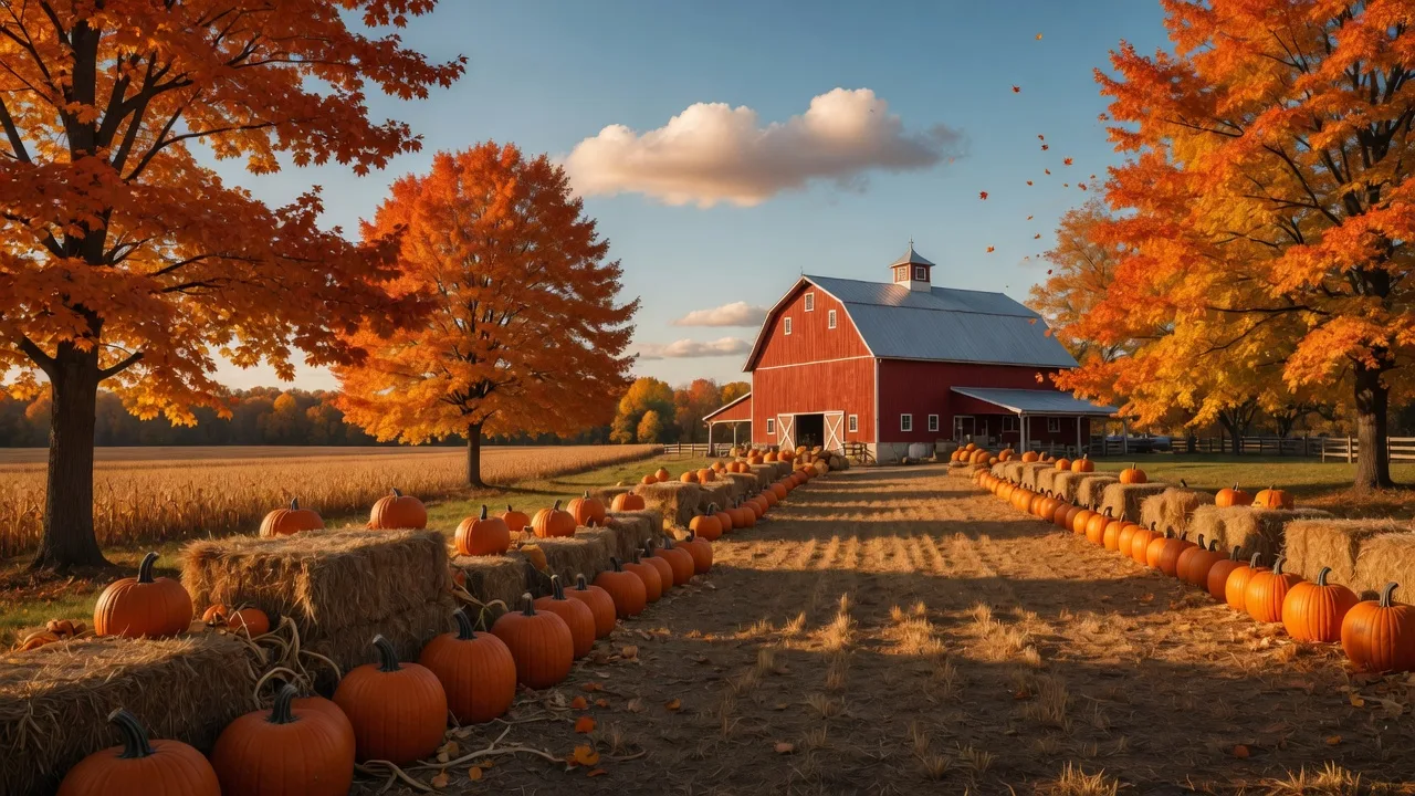 An Ohio farm in peak autumn color with rows of pumpkins and hay bales leading to a red barn, maples and oaks in fiery orange and gold