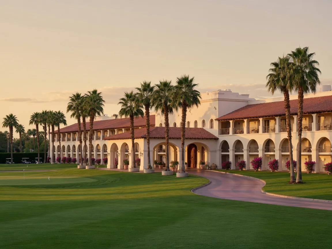 The Wigwam historic Arizona golf resort with palm-lined drive and Spanish colonial revival architecture