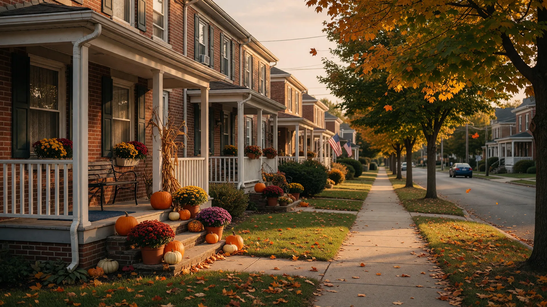 A warm October evening on a small-town Pennsylvania street near Coplay, with twin homes on front porches, pumpkins and potted mums on a stoop, and maple trees just beginning to turn gold