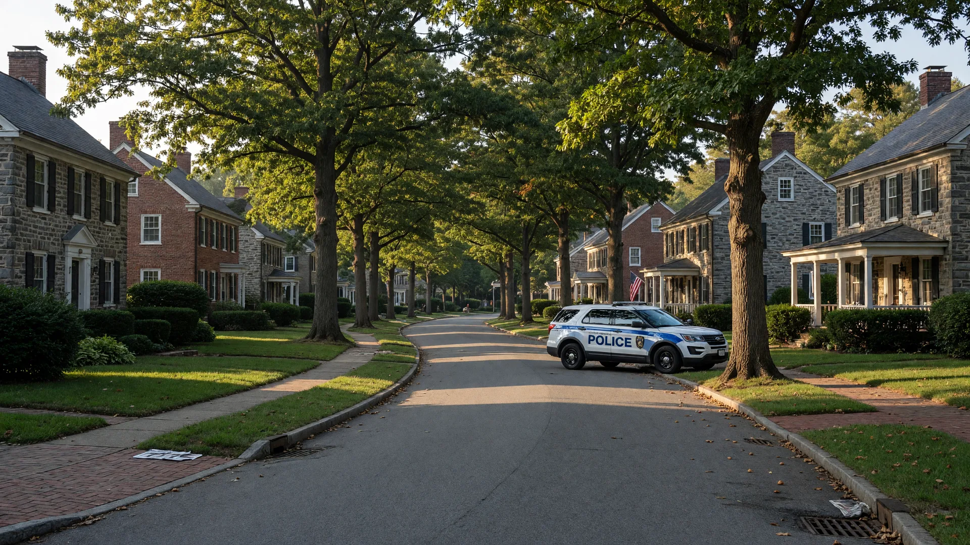A quiet tree-lined residential street in Rydal PA in early September with golden morning light across stone and brick colonial homes under mature oaks and a township police SUV parked at the curb